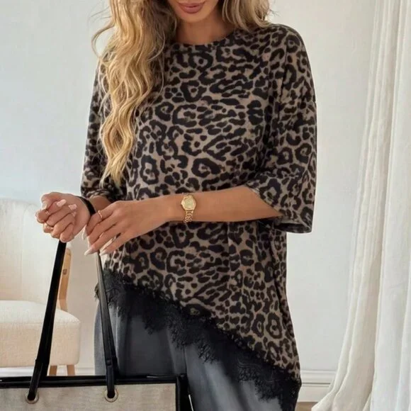 Multicolor Casual Women's Leopard Print Lace Patchwork Short Sleeve T-Shirt - Picture 4 of 9